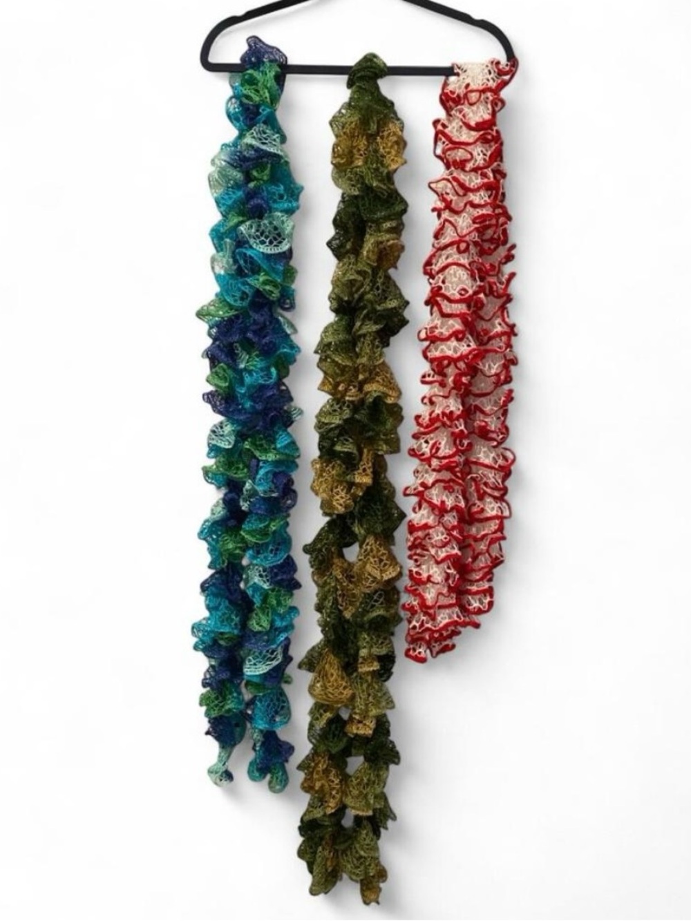 Ruffled Crochet Lace Scarf Trio - Blue, Olive, Red